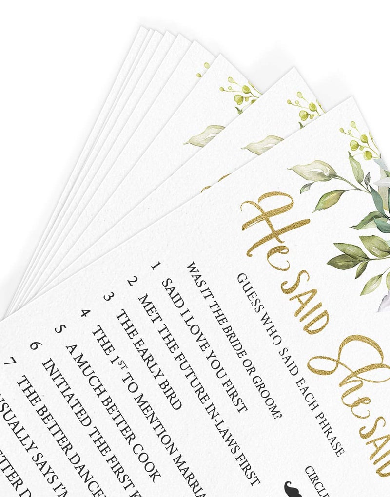 Printed Party Bridal Shower Games â€“ He Said She Said Game with Fun Bride and Groom Trivia, Wedding Shower Activity, Botanical Eucalyptus Theme, 50 Guests - Image 5